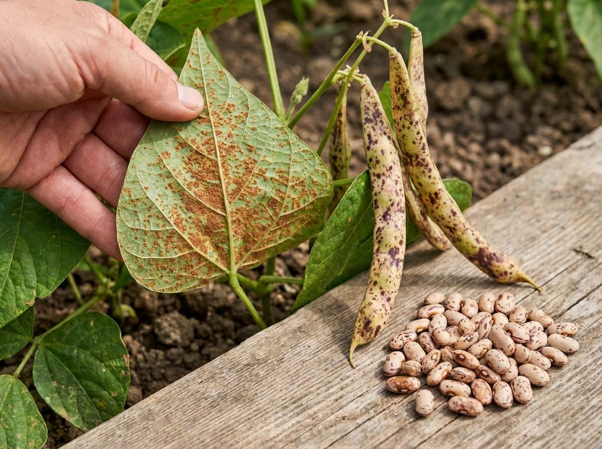 Feuille de haricot retournée montrant des pustules brun-rouille poudreuses côté inférieur