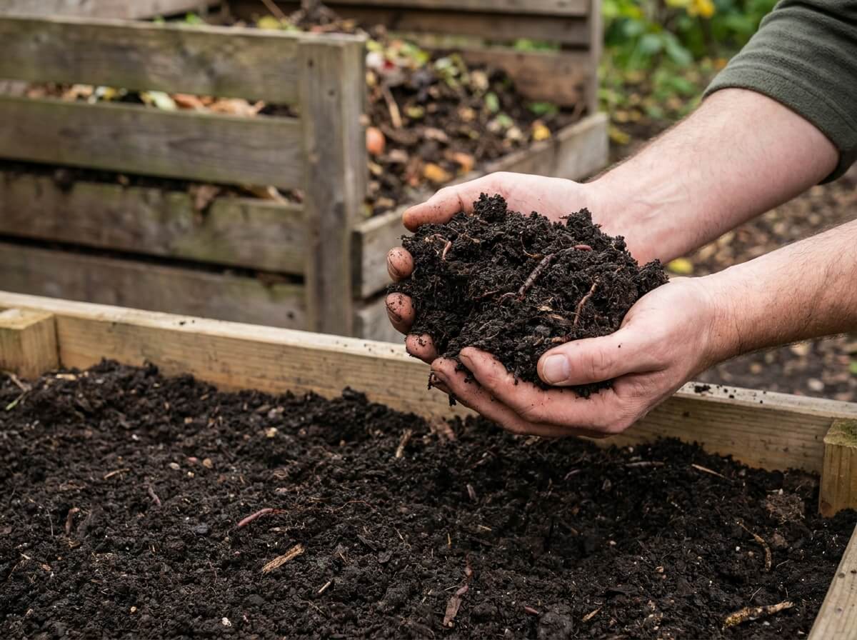 Compost mûr sombre et friable tenu dans deux mains au-dessus d'une planche de potager