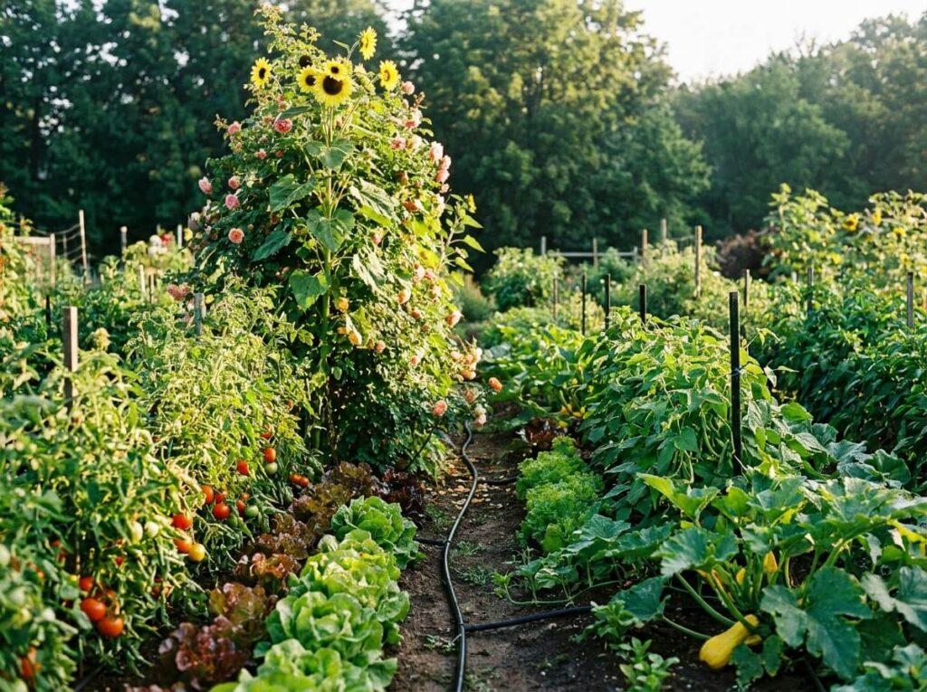 Ligne de goutte-à-goutte neuve serpentant entre des rangs de légumes luxuriants au soleil du matin