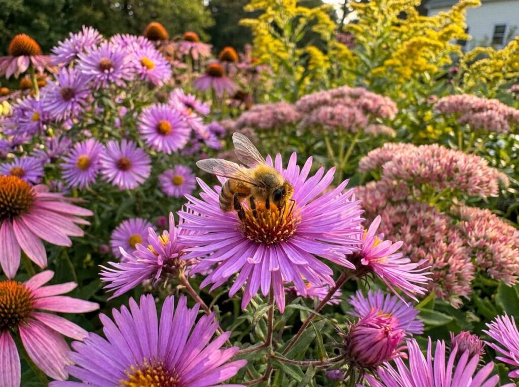 Abeille butinant une fleur d'aster mauve dans un massif de fin d'été ensoleillé