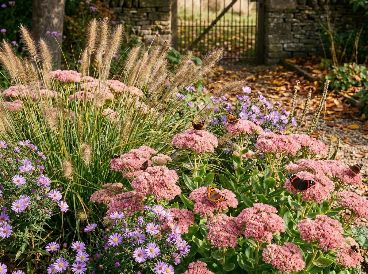 Massif de sédums roses et graminées visité par des papillons en début d'automne