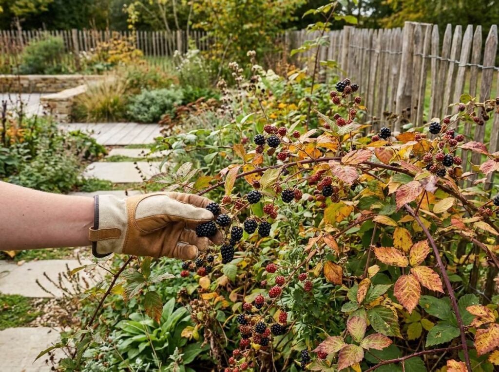 Main gantée cueillant des mûres sauvages noires sur une ronce en lisière de haie