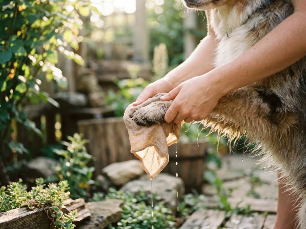 Mains rinçant les pattes d'un chien