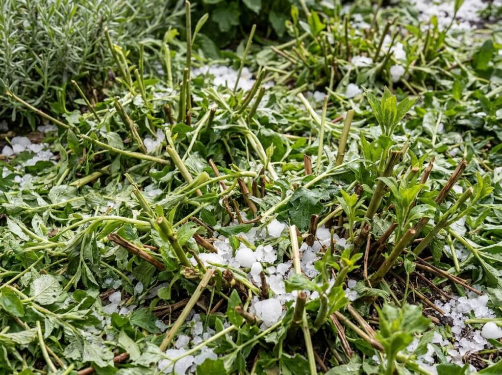 Feuilles déchirées après un orage de grêle