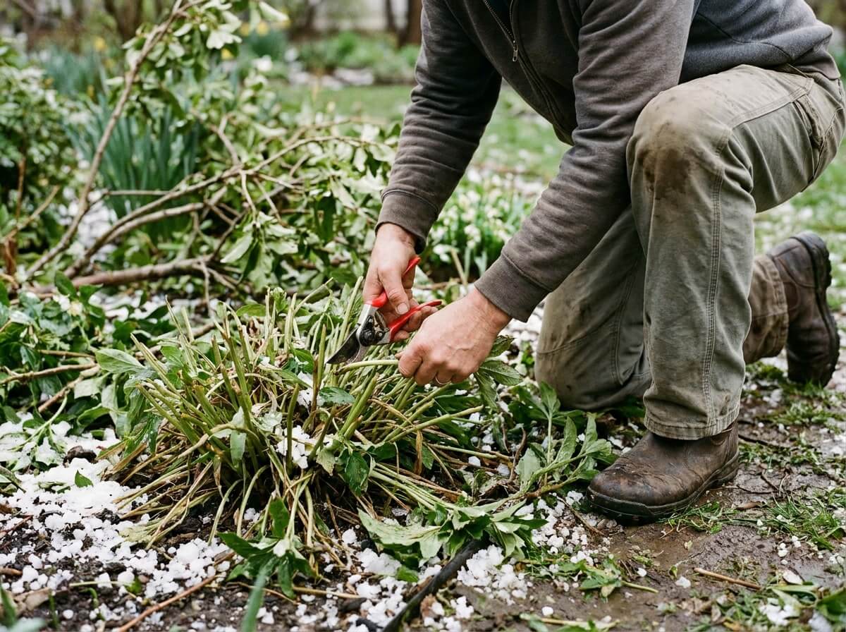 Jardinier rabattant au sécateur une touffe déchiquetée après un orage de grêle