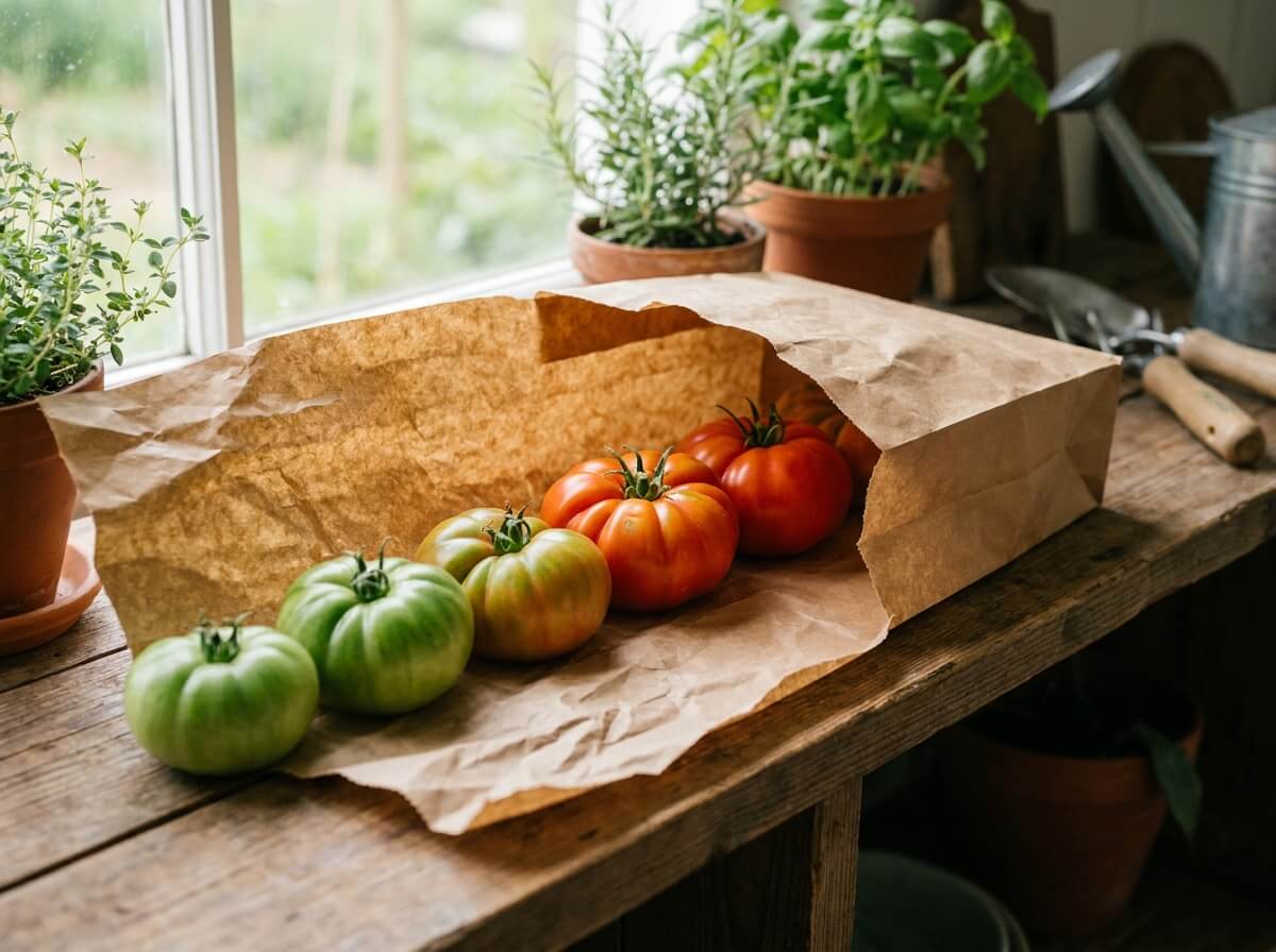Tomates en cours de maturation alignées dans un sac en papier kraft ouvert sur une étagère
