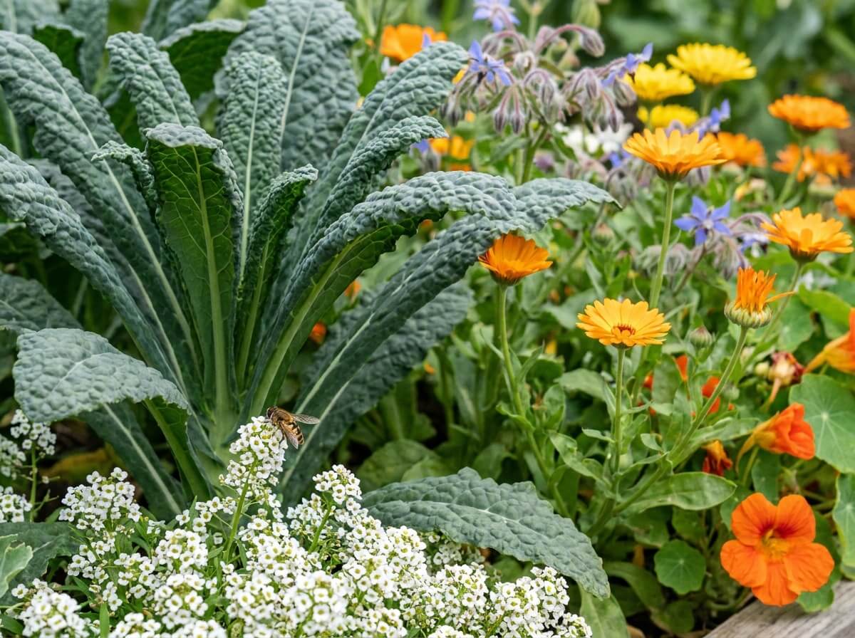 Syrphe posé sur une fleur d'alysse blanche au pied d'un légume feuillu