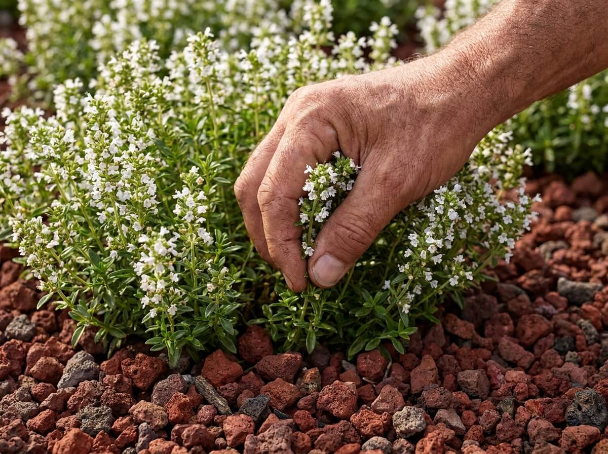 Main récoltant des brins de sarriette vivace fleurie blanche au-dessus d'un paillage de pouzzolane rouge