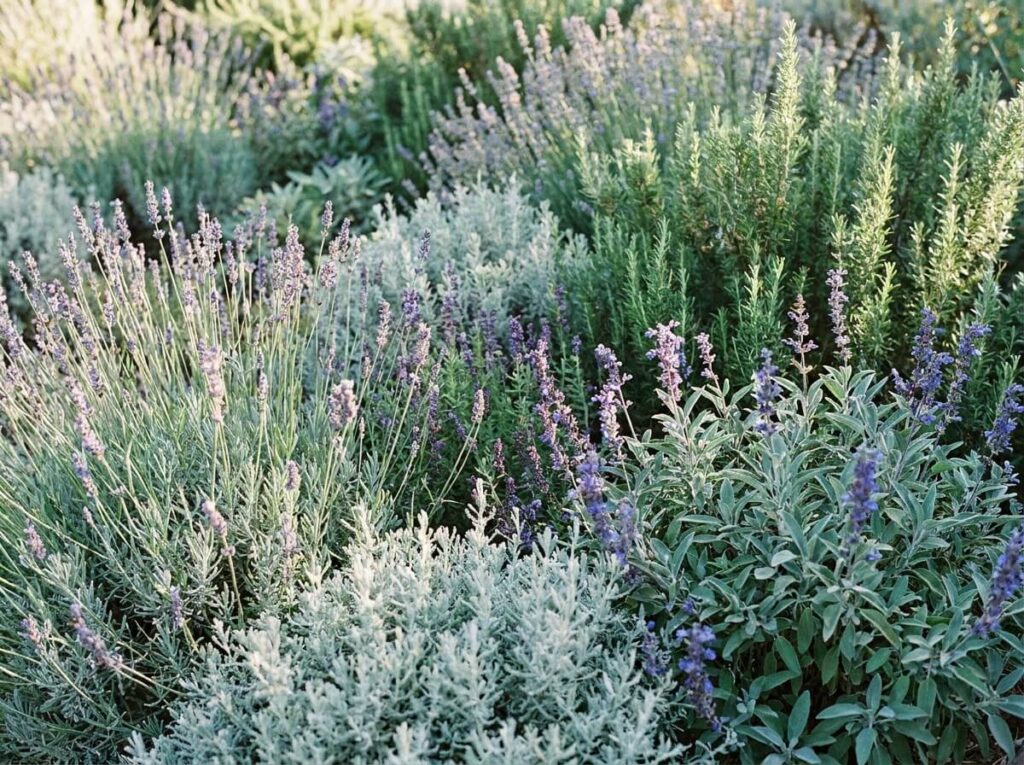 Massif d'aromatiques argentées en fleurs