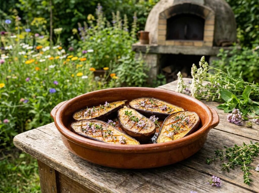 Aubergines rôties au miel et thym