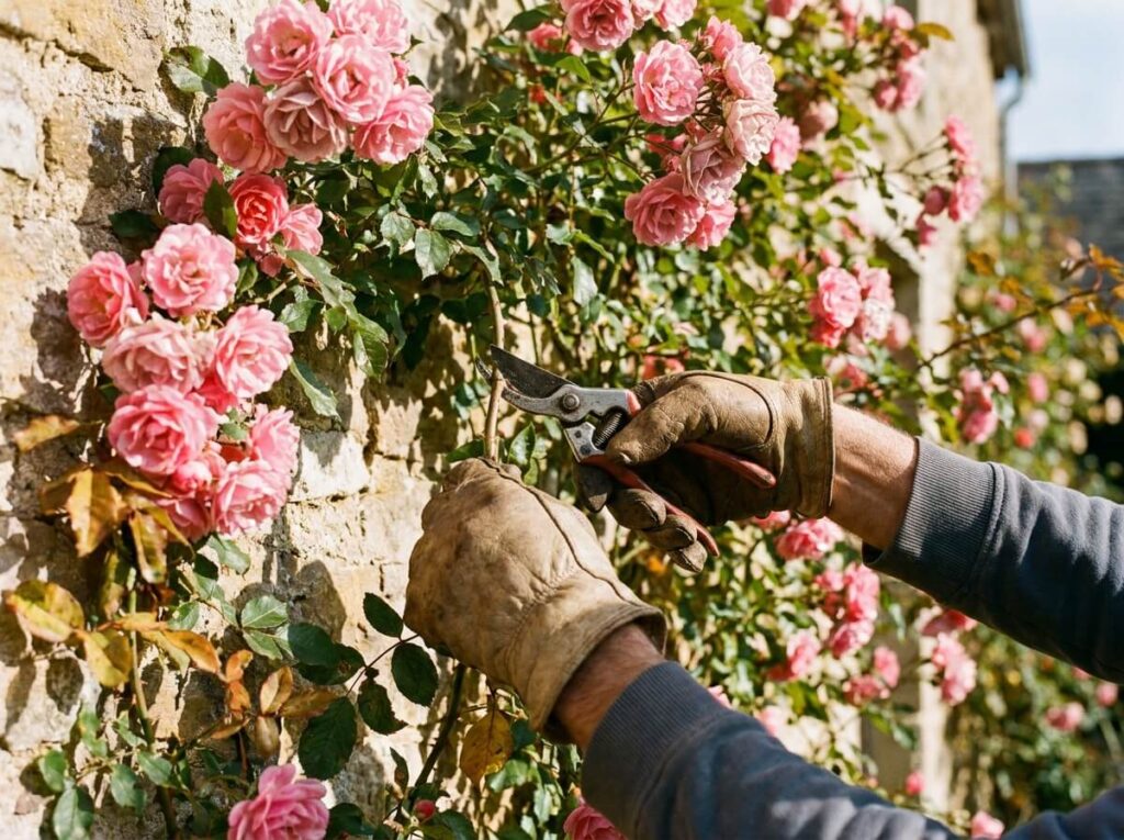 Rosier grimpant fleuri sur un mur de pierre