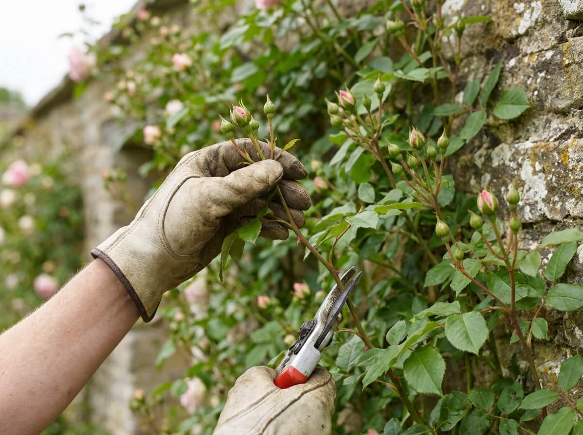 Main gantée pinçant l'extrémité d'une jeune pousse de rosier grimpant au sécateur