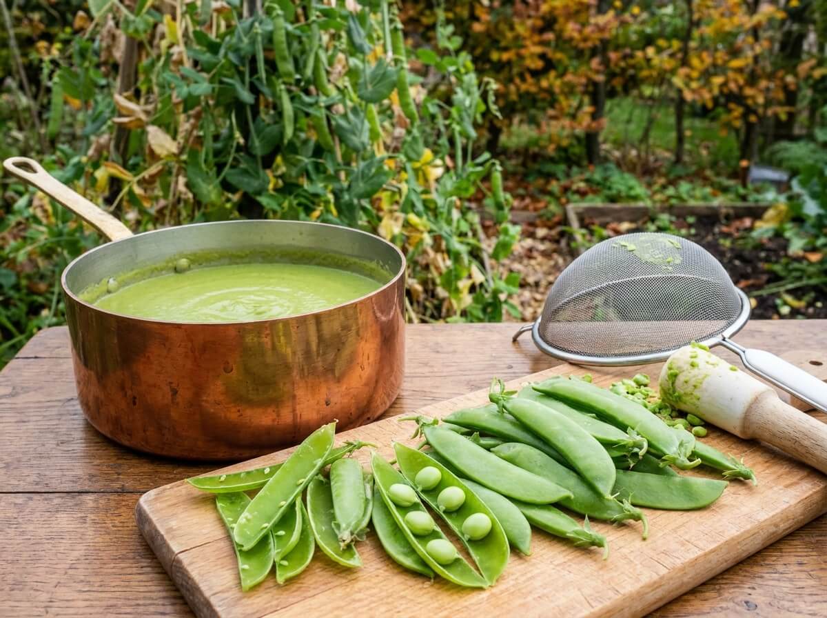 Velouté de pois passé au tamis fin dans une casserole, gousses vides posées sur la planche