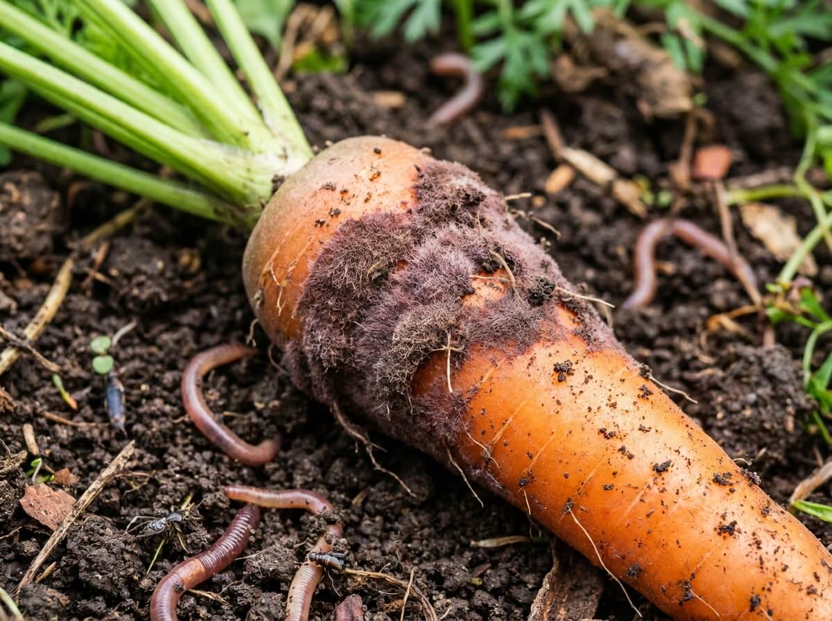 Gros plan sur une carotte présentant un feutrage violacé caractéristique de la rhizoctone violette au collet