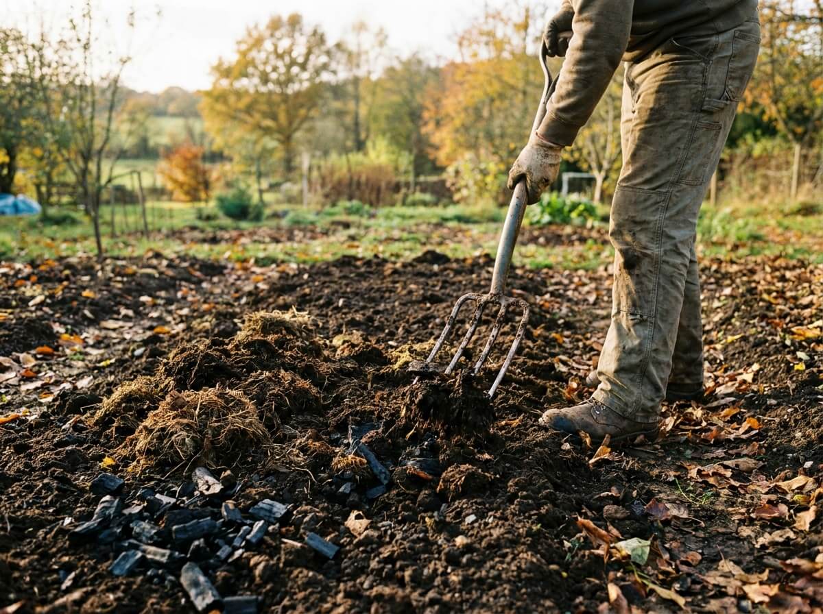 Épandage de compost mûr à la fourche sur une planche de potager nue en automne