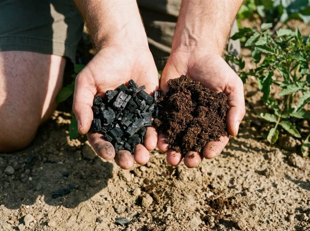 Biochar et compost mûr côte à côte