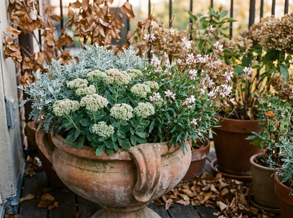 Feuillage argenté de sédum et gaura en fleurs dans une jardinière design en terre cuite