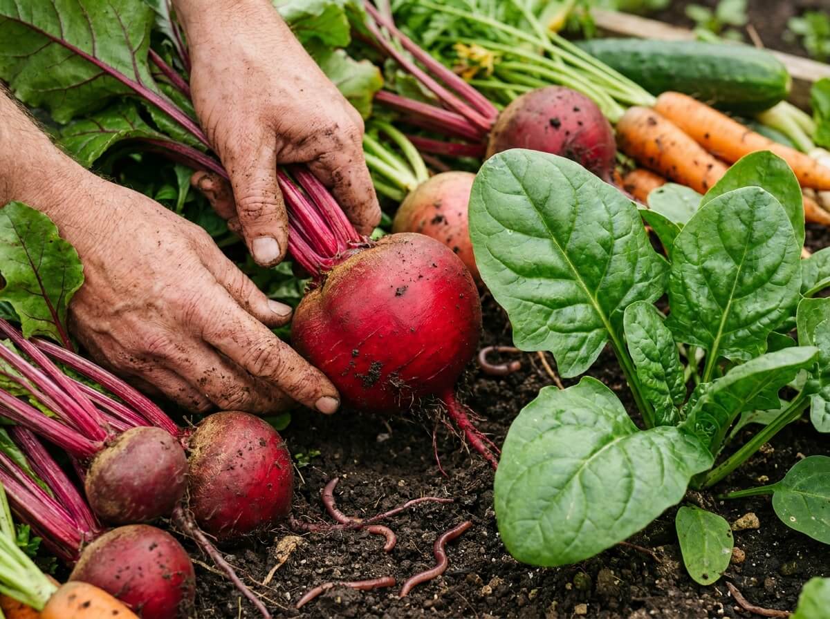Mains récoltant une betterave ronde à chair rouge vif à côté de feuilles d'épinard larges et brillantes