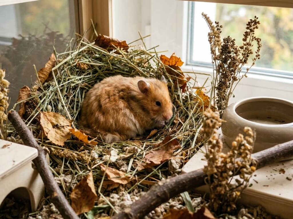 Hamster blotti dans son nid de foin