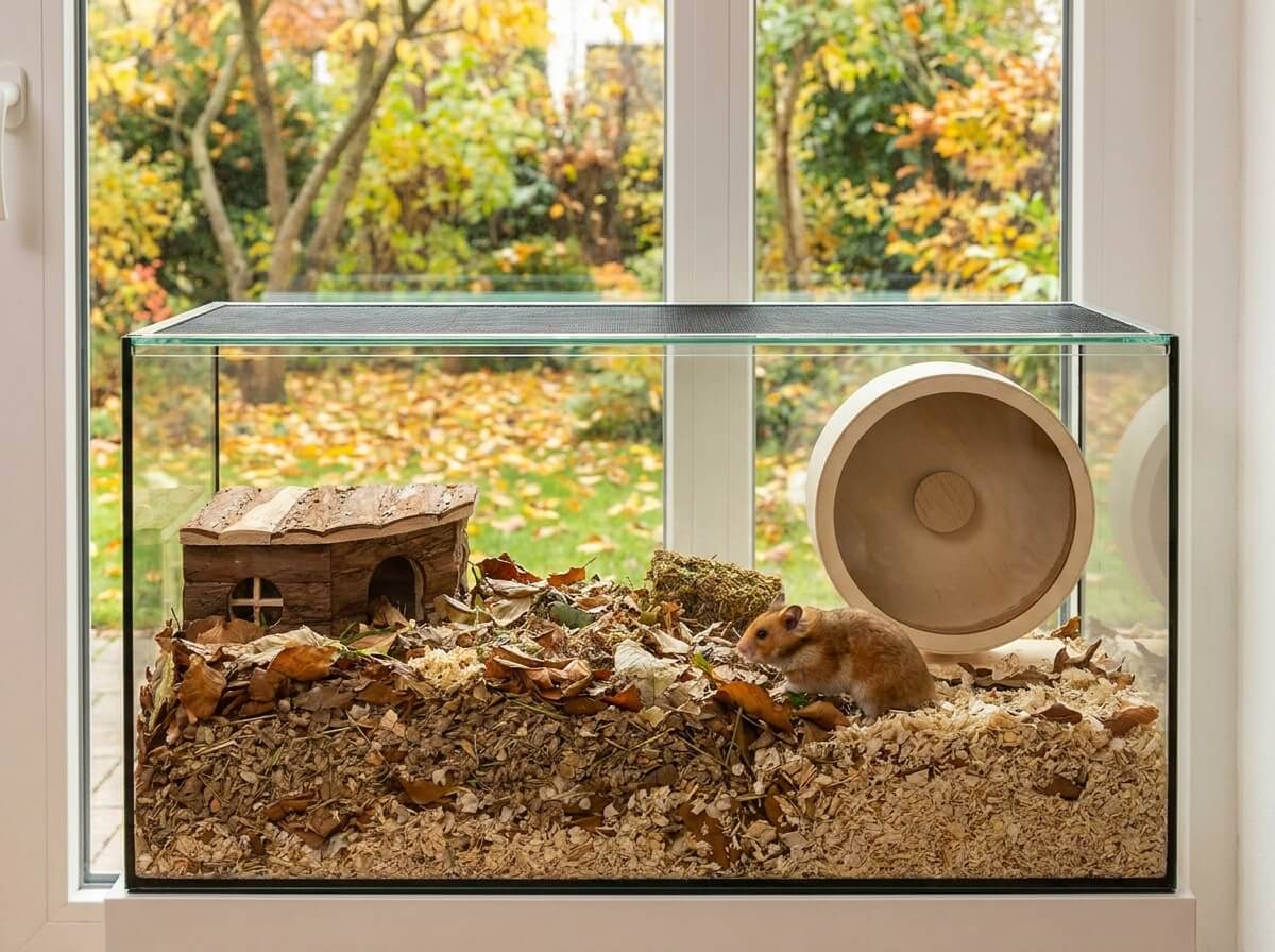 Cage de hamster aménagée avec roue, litière épaisse et cachette en bois près d'une fenêtre