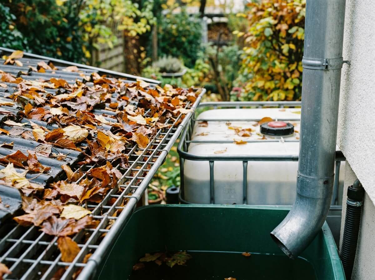 Grille de gouttière encombrée de feuilles mortes au-dessus d'un collecteur d'eau de pluie en automne