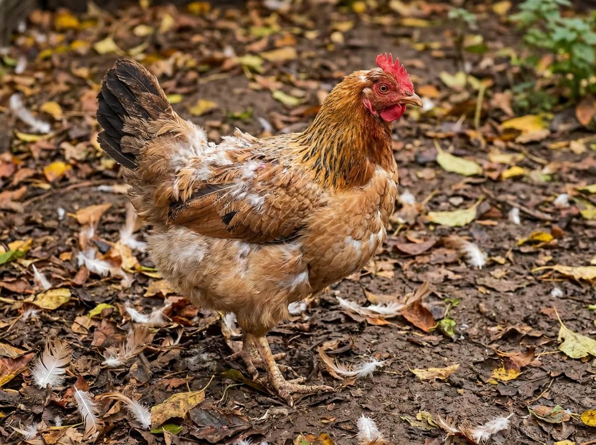 Poule en pleine mue avec plumes tombées au sol du parcours en automne
