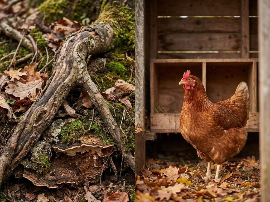 Poule rousse devant un pondoir vide