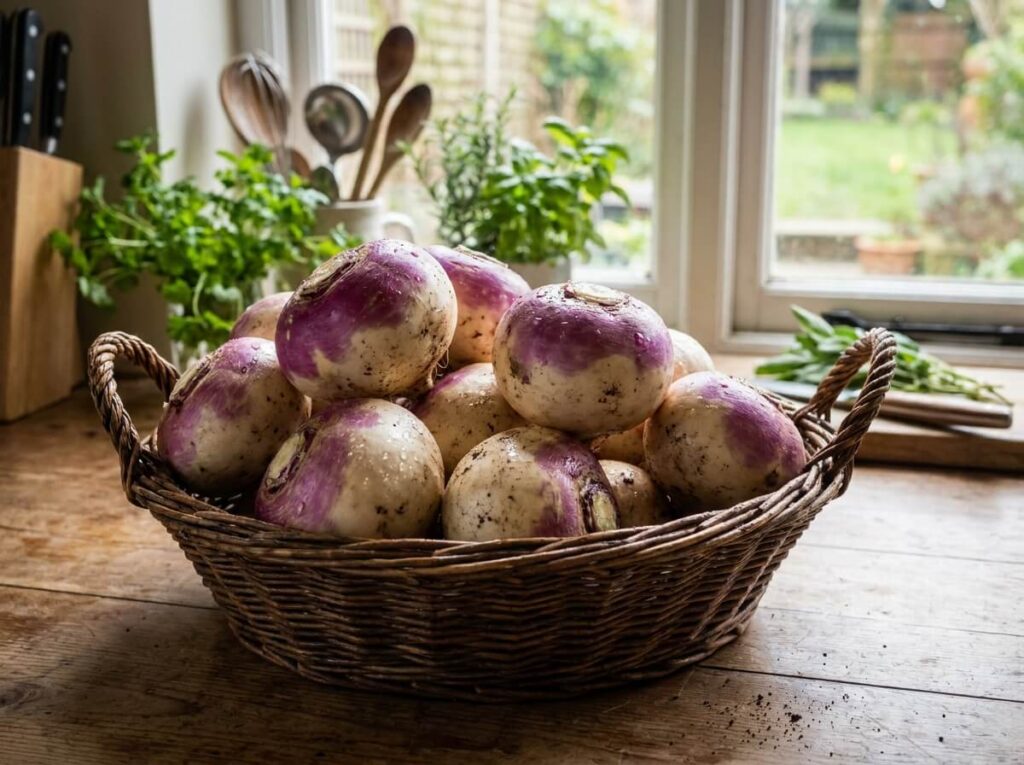 Navets blancs et violets dans un panier
