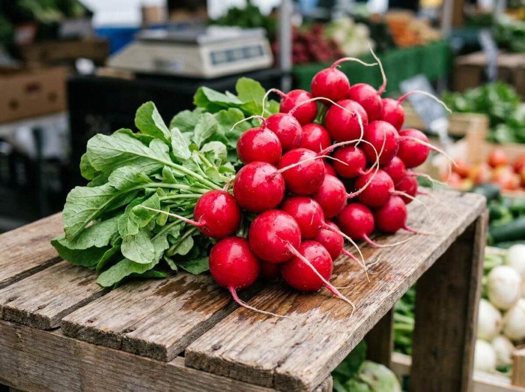 Botte de radis rouges et fanes vertes