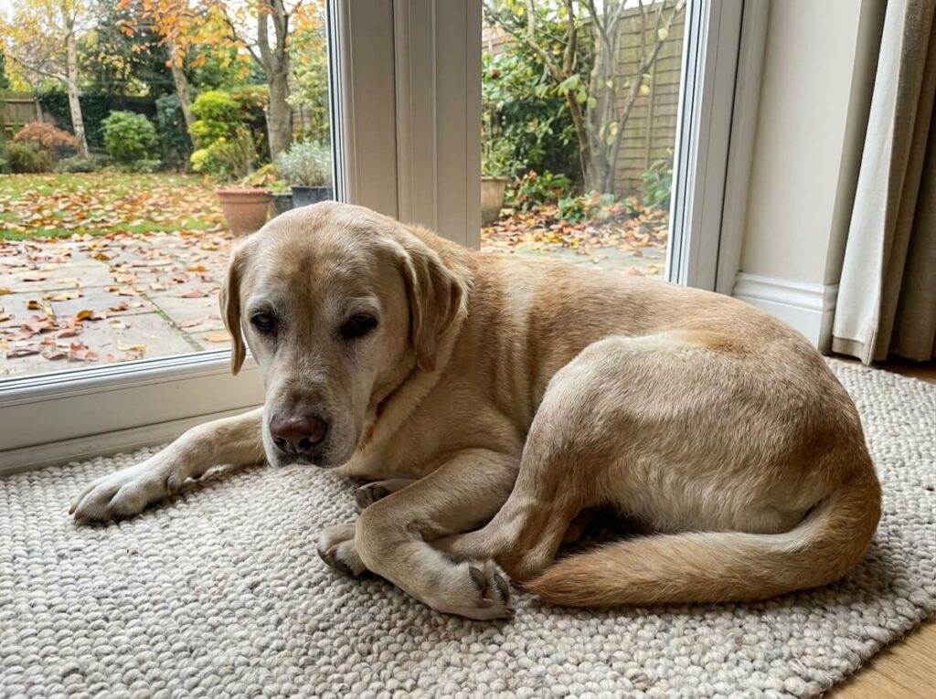 Chien âgé allongé sur un tapis épais
