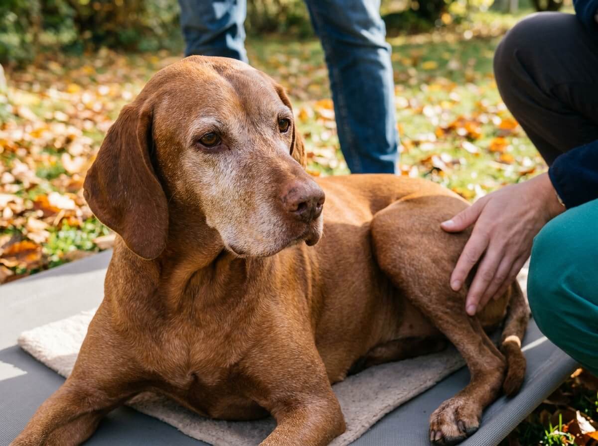 Main posée sur la hanche d'un chien senior lors d'un examen de mobilité à la maison