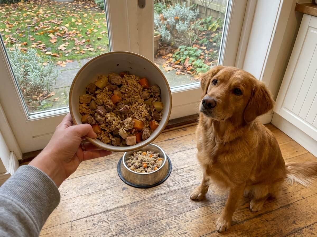 Main versant une ration ménagère tiède dans la gamelle d'un chien à l'intérieur