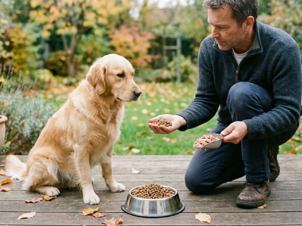 Chien devant sa gamelle de croquettes