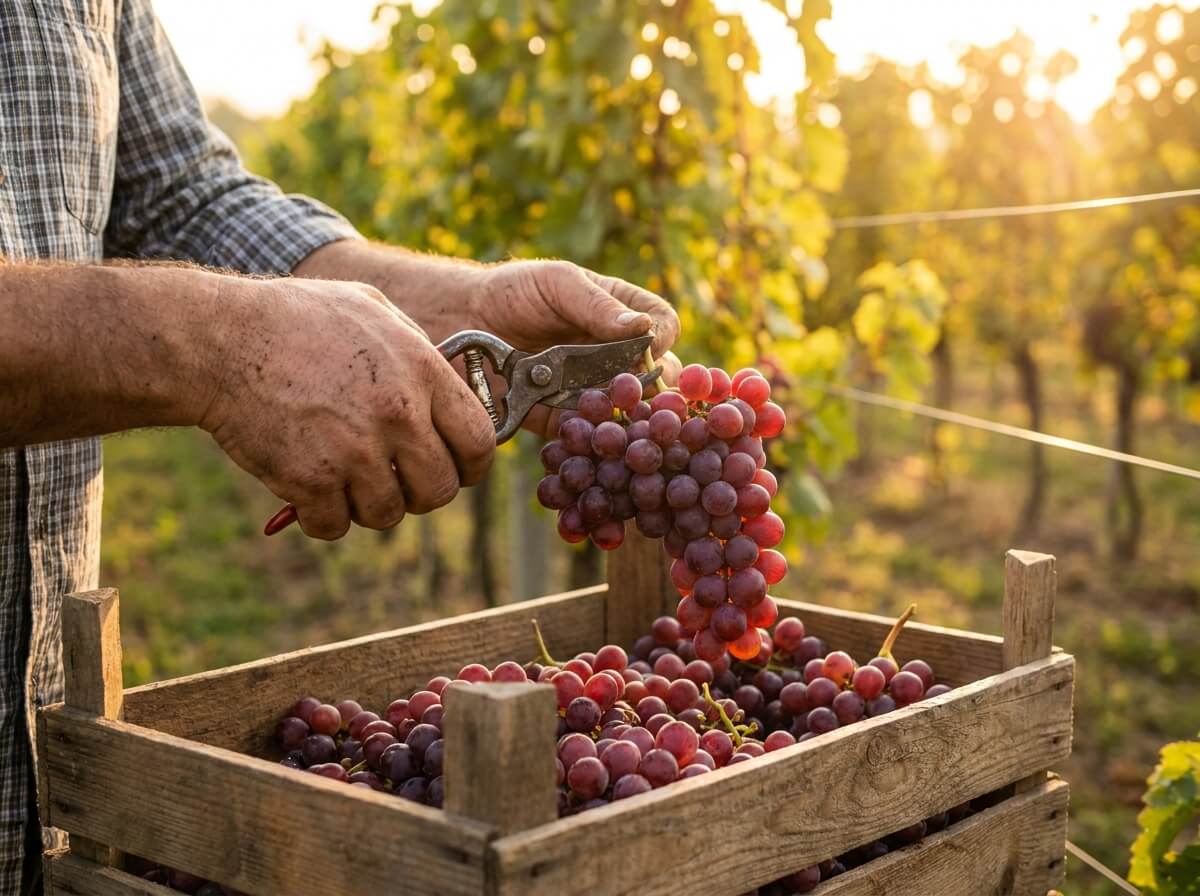 Mains de jardinier coupant au sécateur une grappe de raisin rouge mûre dans une cagette