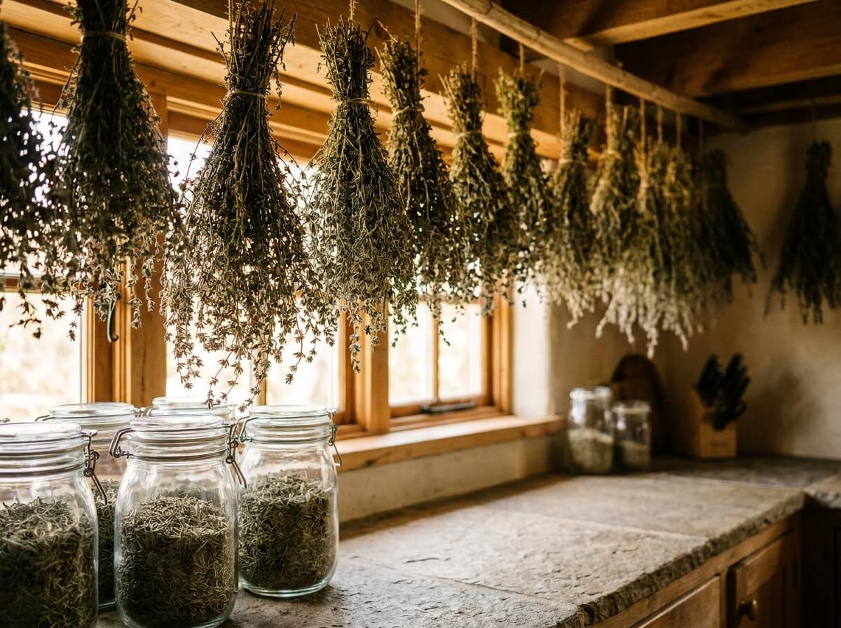 Bouquets de thym séché suspendus la tête en bas dans une cuisine, bocaux de feuilles effeuillées