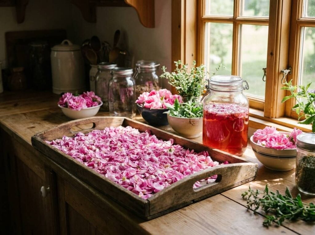 Pétales de roses et bocal en verre
