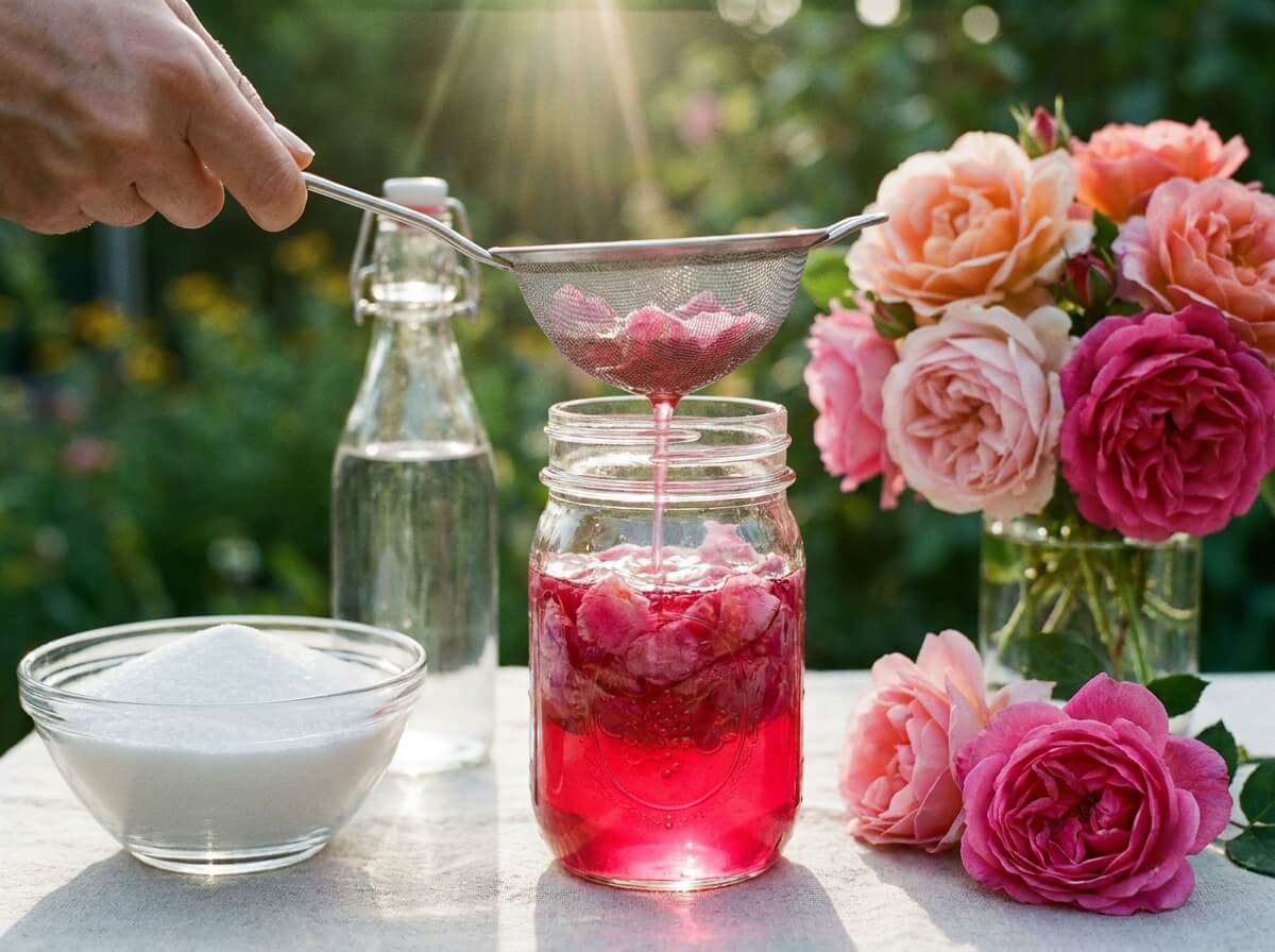 Sirop de pétales de roses rose vif en cours de filtrage dans une passoire fine au-dessus d'un bocal