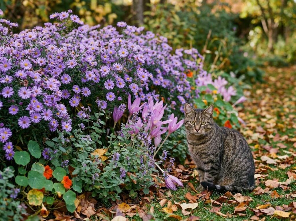 Chat assis devant des asters d'automne
