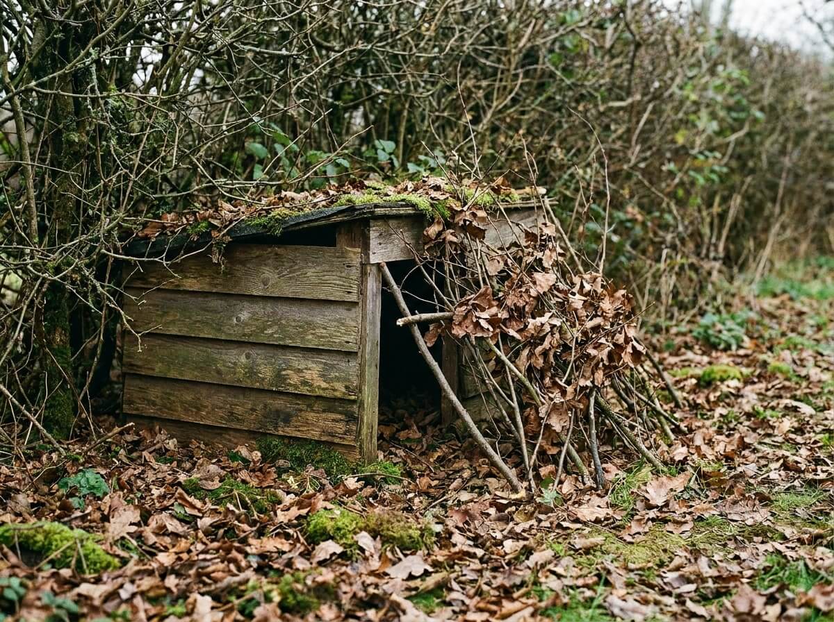 Abri à hérisson en bois installé contre une haie avec entrée protégée du vent