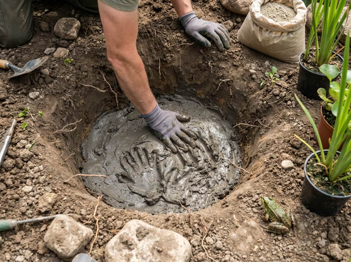 Mains compactant une couche de glaise humide au fond d'une mare sans bâche