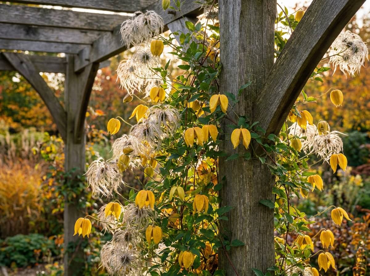 Clématite jaune à fleurs en lanterne et akènes plumeux argentés grimpant sur un montant de pergola
