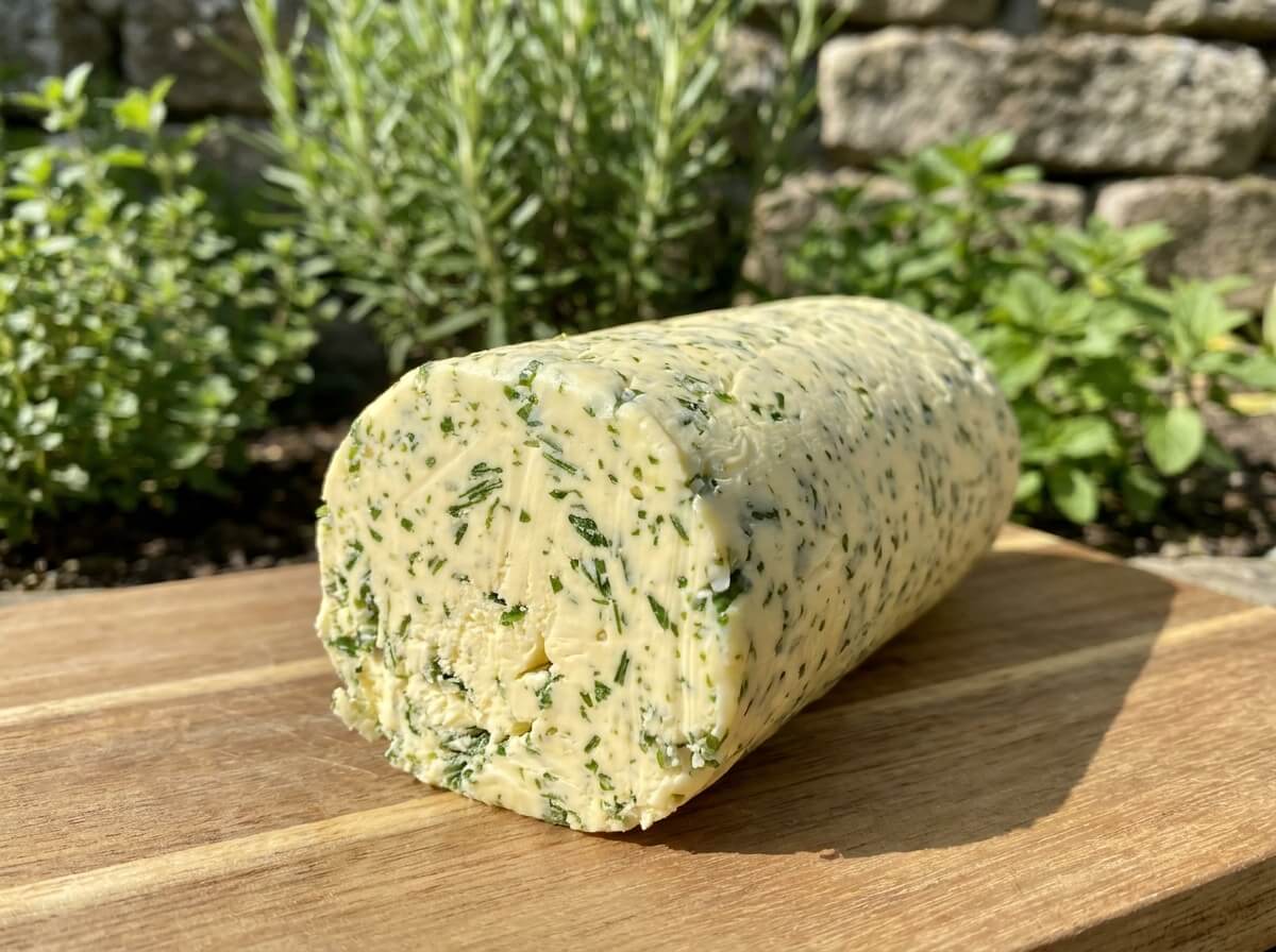 Beurre aux fines herbes ciselées en rouleau, feuilles vertes visibles dans la matière grasse