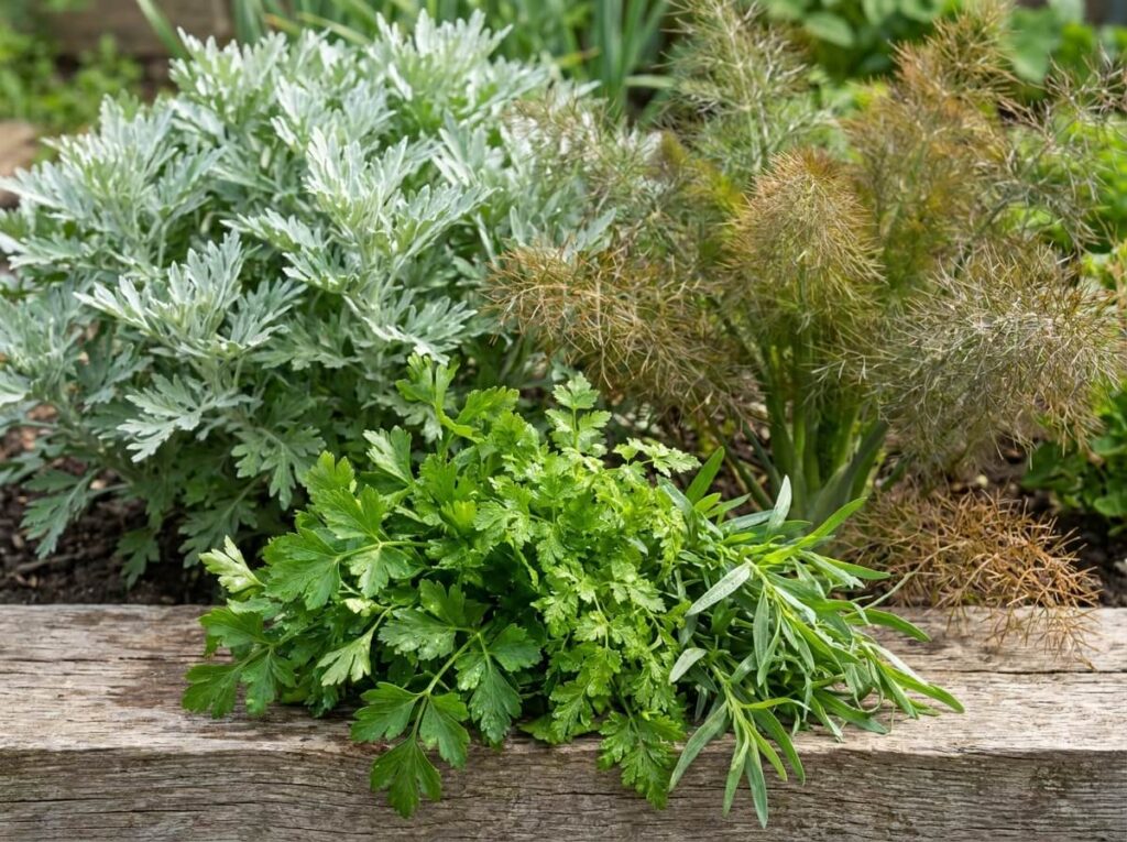 Bouquet de fines herbes fraîches sur planche