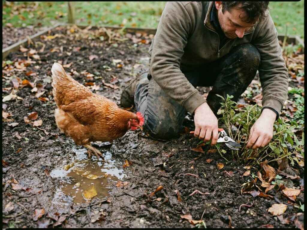 Poule grattant un parcours boueux d'automne