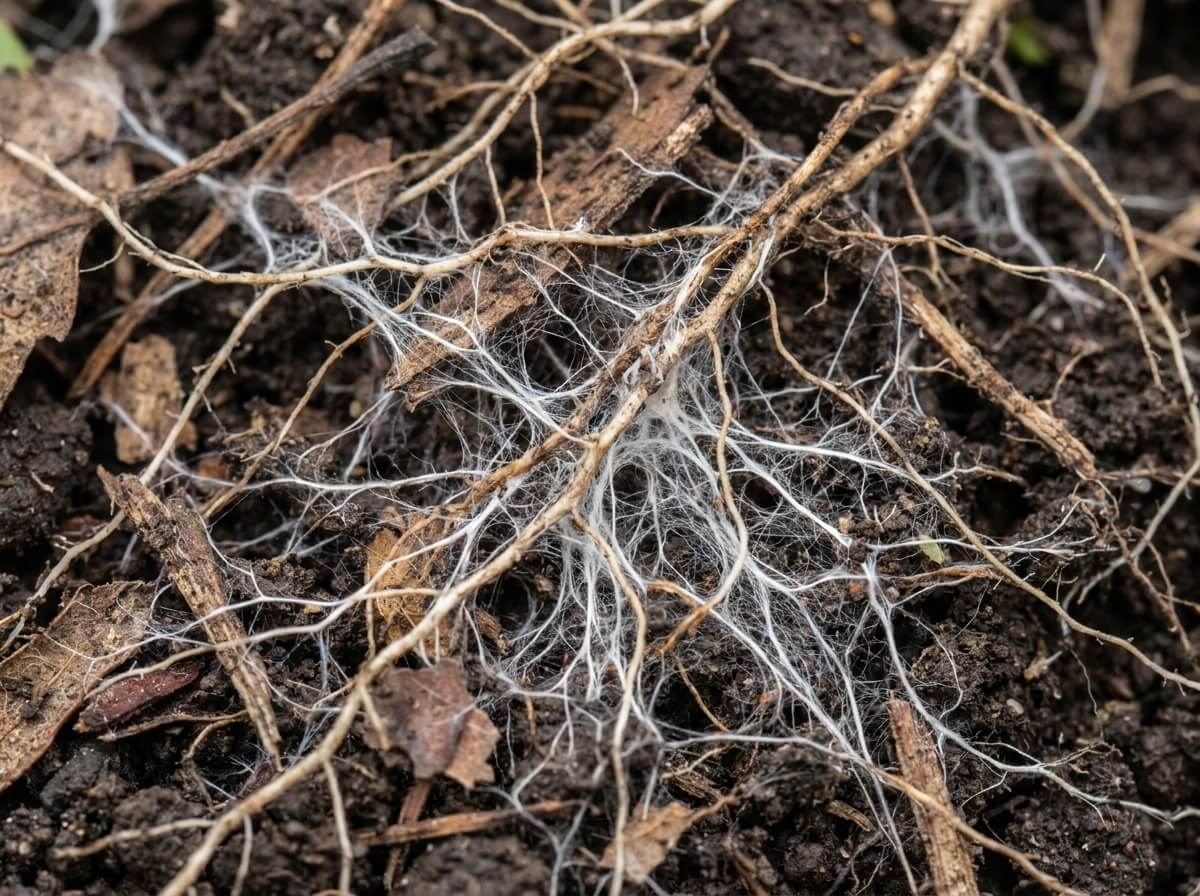 Gros plan sur un réseau de filaments mycéliens blancs courant entre des radicelles et des débris végétaux