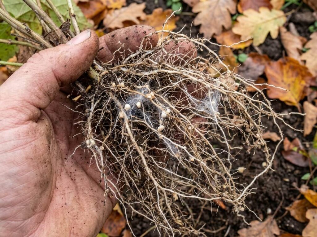 Racines et filaments blancs de mycélium