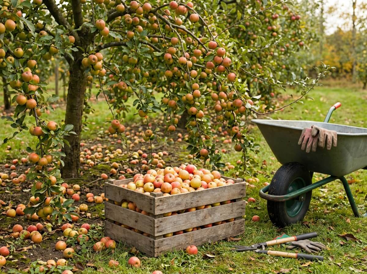 Cagette de pommes de petit calibre récoltées sur un pommier surchargé à l'automne