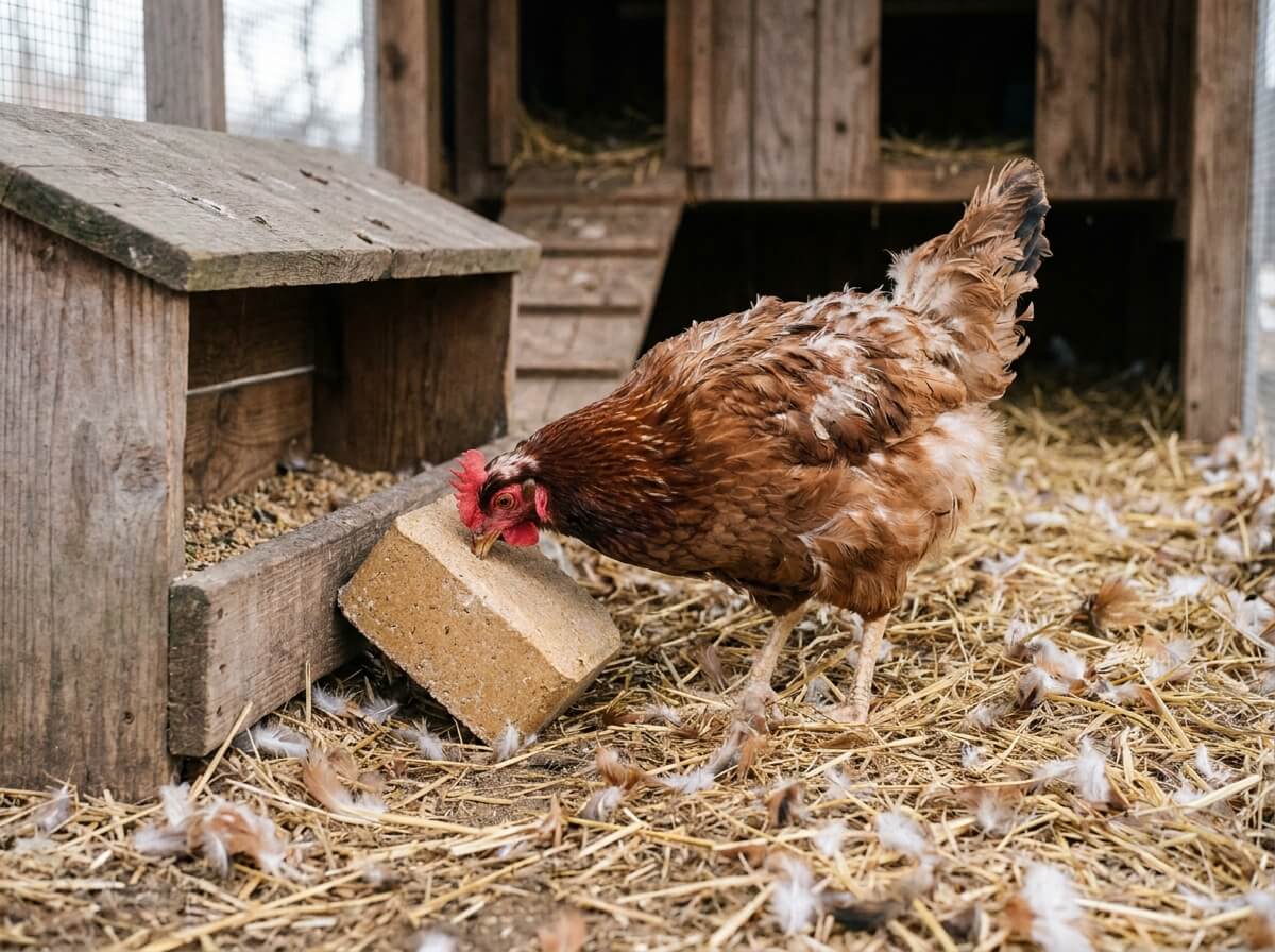 Poule rousse en pleine mue picorant un bloc protéiné, plumes tombées sur la litière