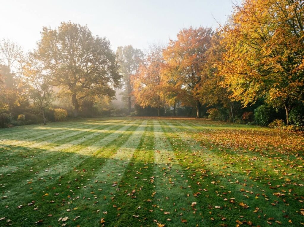 Pelouse fraîchement tondue en automne, bandes de tonte et feuilles mortes, arbres dorés en fond