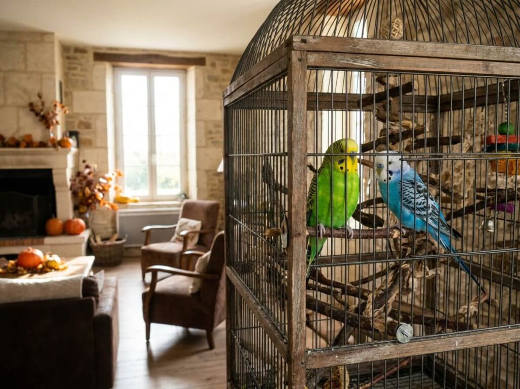 Deux perruches ondulées dans une grande cage, à distance de la fenêtre, dans un salon en automne